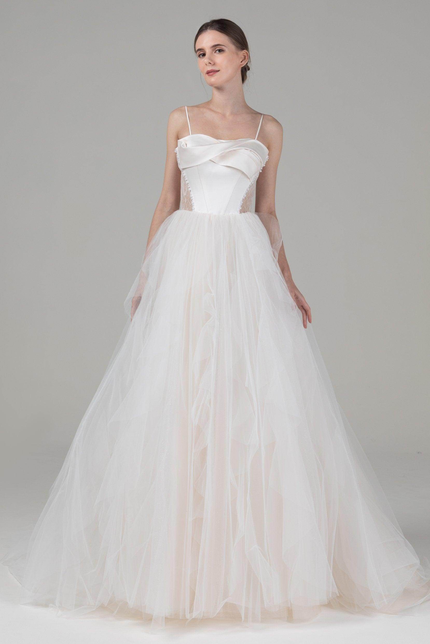 A-Line Court Train Satin Tulle Wedding Dress CW2542 - COCOMELODY